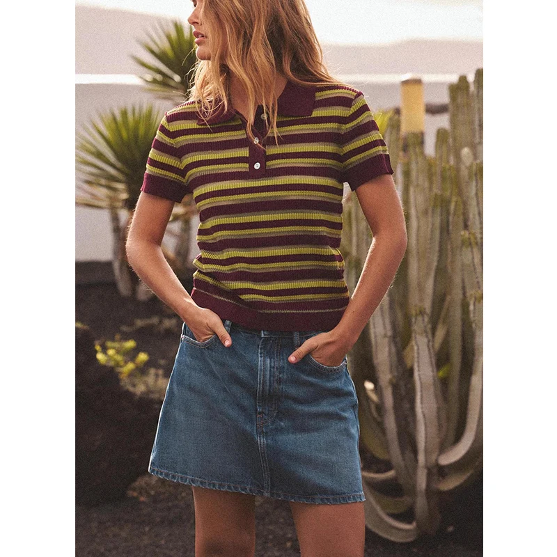 

New Women's Retro Striped Knitted irt ort Sve Button Decorated Slim Fit Classic Pattern Daily Wear Polyester Fiber