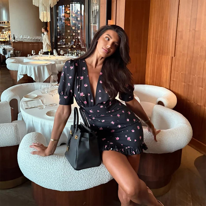 Chic Printed Slim Fit Mini Dress Women Elegant V-neck Puff Short Sleeves Waist Cinching Dresses 2026 Summer Lady Party Robes New