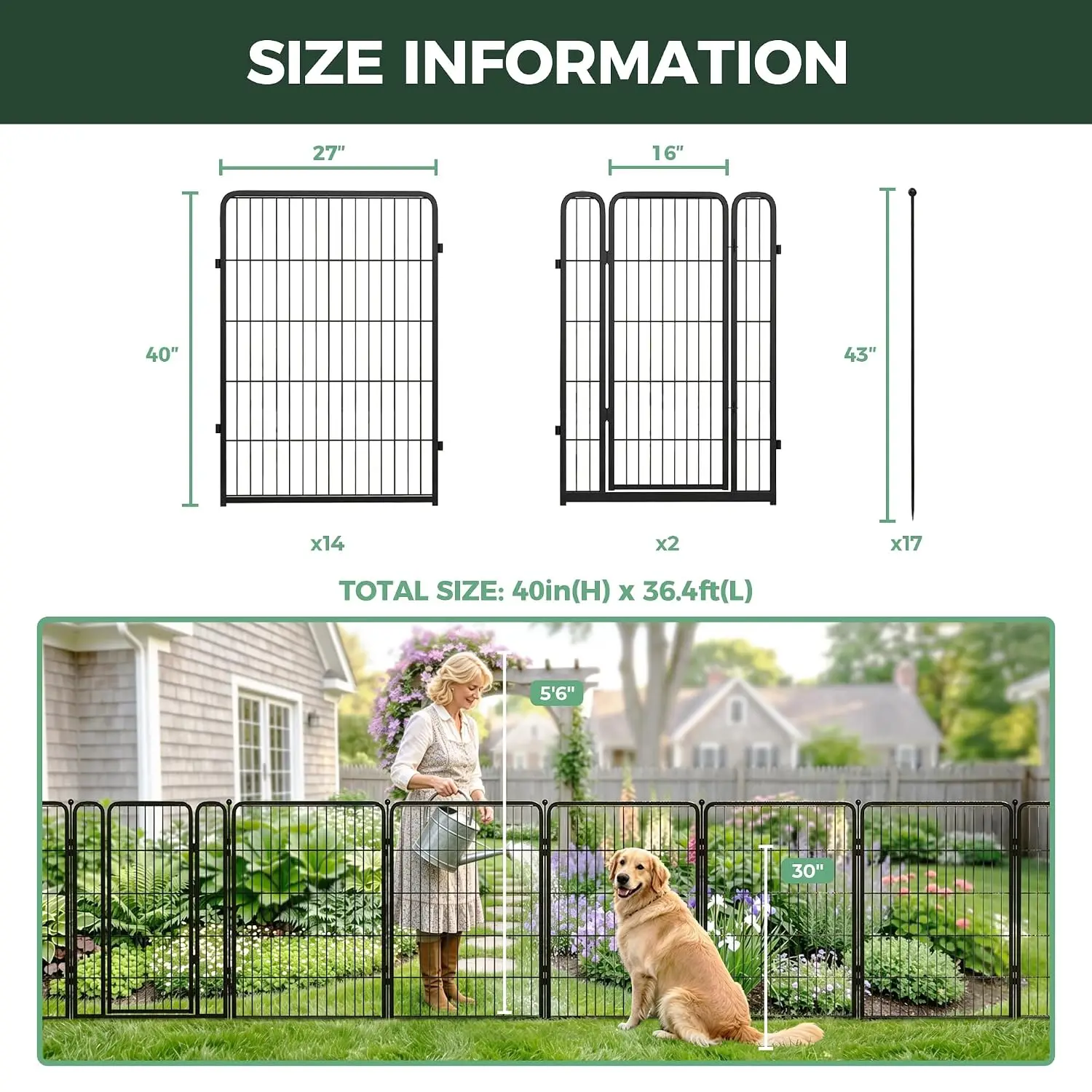 No Dig Garden Fence, Outdoor for Yard, 40in(H) x 36.4ft(L), 16 Panels, Customized