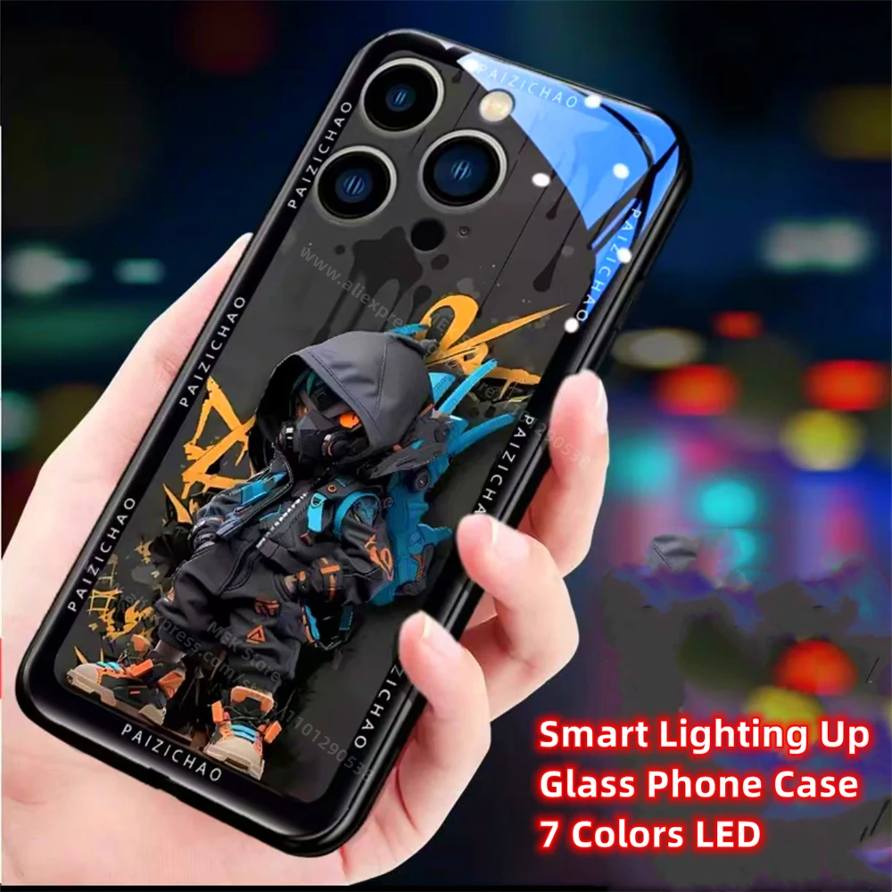 Funda de teléfono con patrón de Assassin de Graffiti, cubierta luminosa con luz LED para iPhone 16, 15, 14, 13, 12, 11 Pro Max, X, XS, XR, SE2020