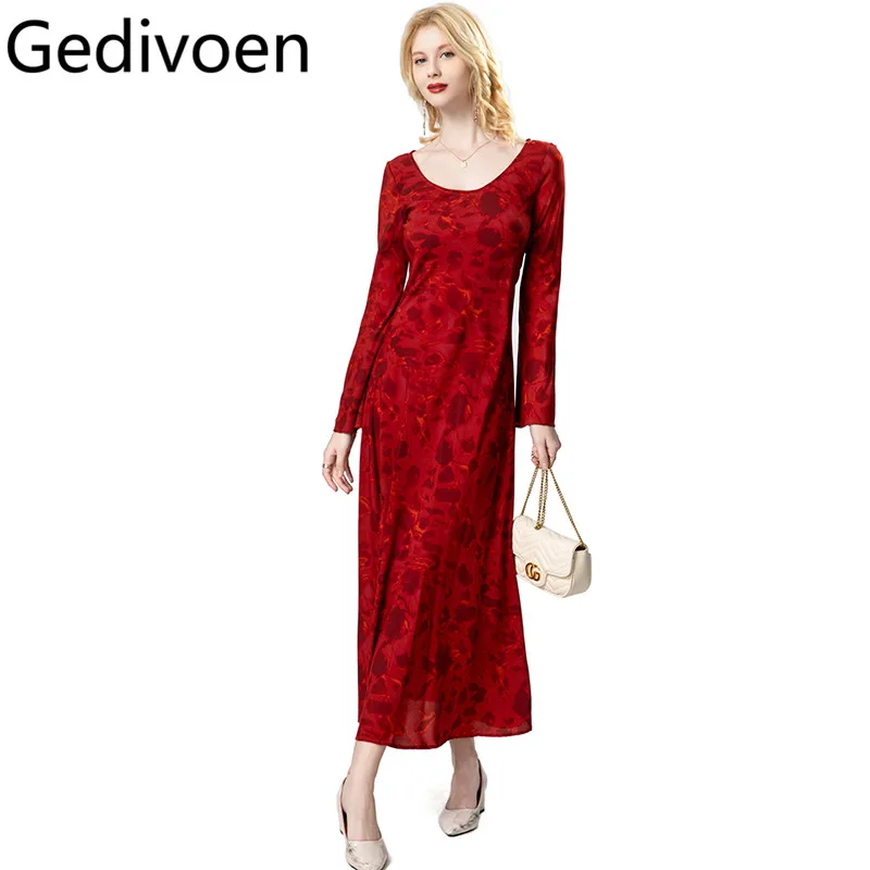 

Gedivoen Fashion design Women's Slim Maxi Dress Big Round neck Long-Sleeved Slim-Fit Side Split Elegant Long Dresses