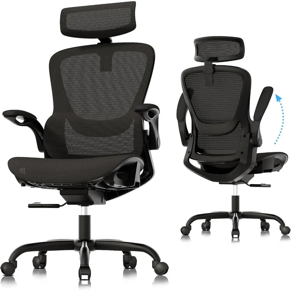 Ergonomic Mesh Office Chair, Adjustable Home Desk Chair with Folding Armrest, 2D Headrest, Soft Seat and PU Wheel, Black Swivel