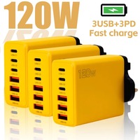 120W 6ports Fast Charging USB Type C Mobile Phone Adapter EU/US/UK Plug 3PD+3USB Quick Chargers for IPhone 16 15 Samsung Xiaomi