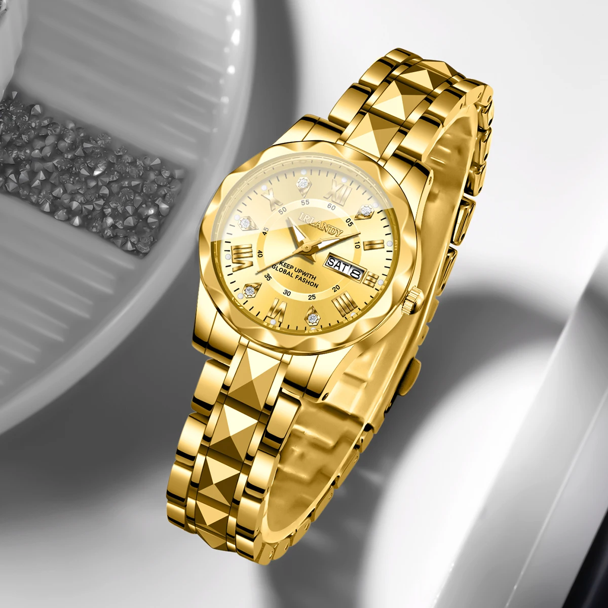 Fashion Rhinestone Roma Dial Women Calendar Watches Luxury Golden Stainless Steel Strap Wristwatch Relogio FemininoWithout Box