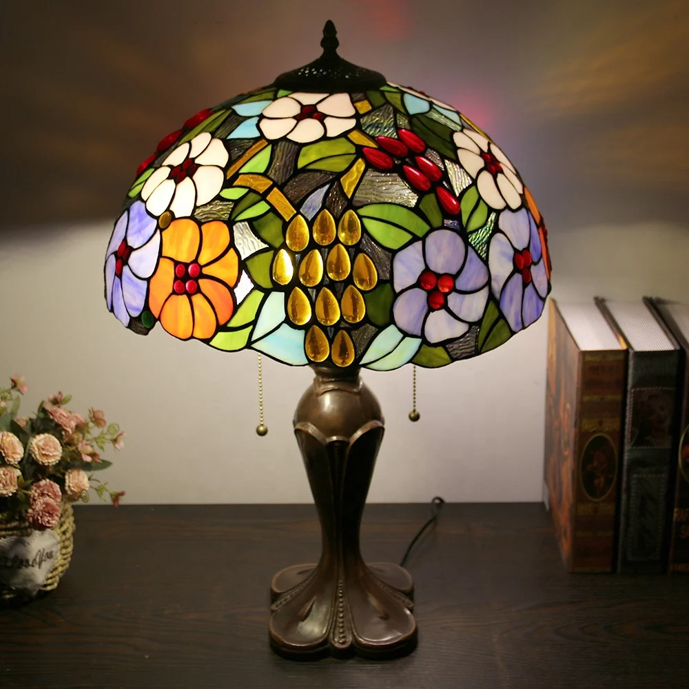 Handcrafted 16-Inch  Style Stained Glass Table Lamp Elegant Grape Design Accent Light