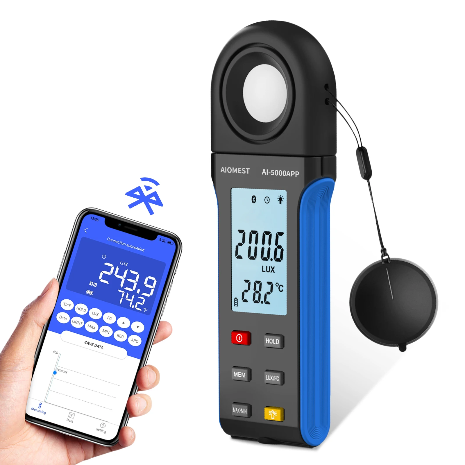 

Light Lux Meter with Bluetooth,Digital Lumen Tester 0.1 Lux, 1-400,000 Lux/FC Range, 270° Rotated Sensor, Luxometer for Indoor