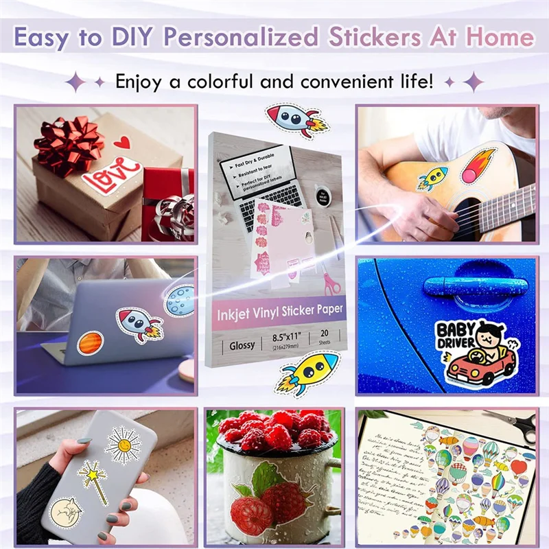ABJU 24 Sheets Vinyl Sticker Paper for Inkjet Printer - Printable Glossy Sticker Paper and Holographic Laminate Sheets
