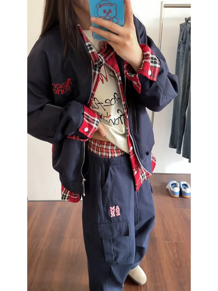 Hombres Plaid irt Jaet American Retro Sle Primavera Otoño ort Béisbol Vintage Jaet Loose Fit Water Waed Poliéster Co...