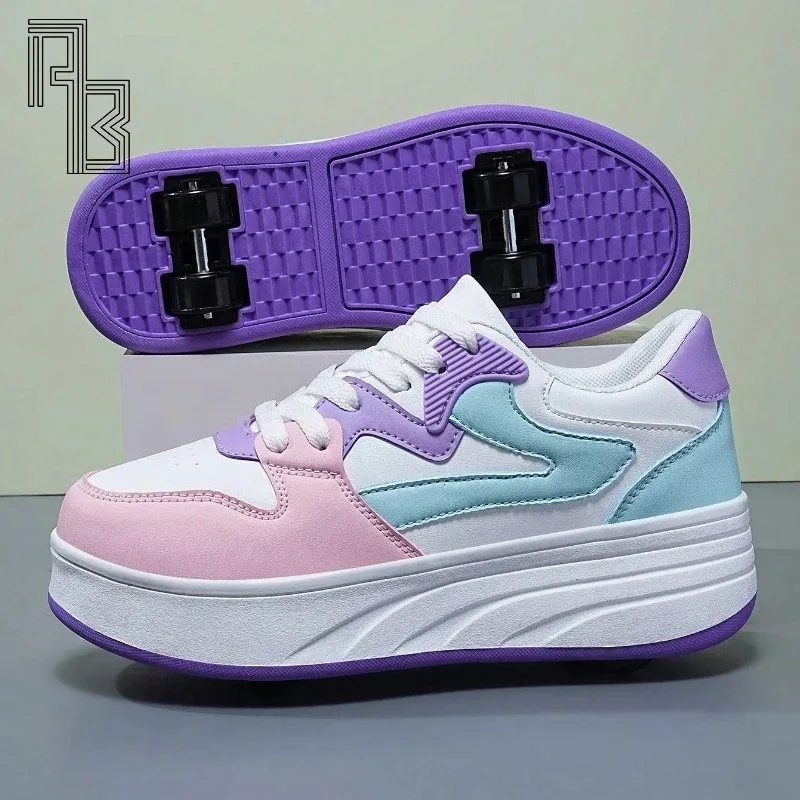 

1 пара новых четырехколесных женских и девочек, роликовые туфли из искусственной кожи, модные мужские кроссовки, дышащие коньки, размер 30-40