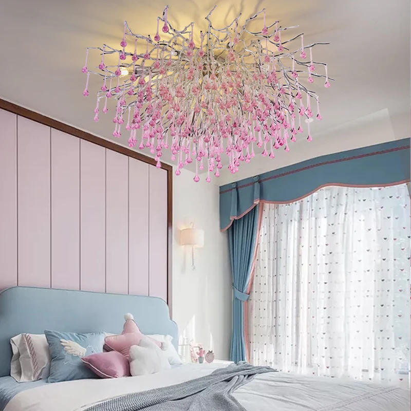 Modern Crystal Chandelier Rectangular Led Pink Glass Raindrop Round Ceiling Light Fixtures for Dining Room Led Lighting 220V