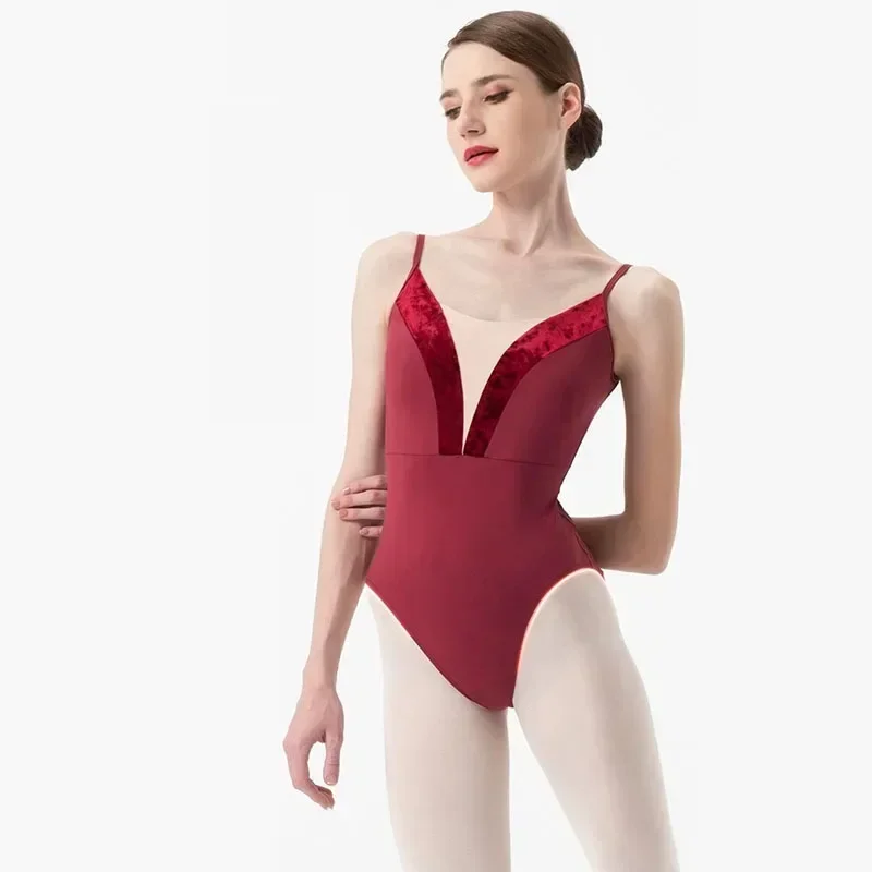 

Leotardo de Ballet para niña y mujer, traje baño Sexy con tiras terciopelo, Tirantes ajustables, ropa baile, leotardo