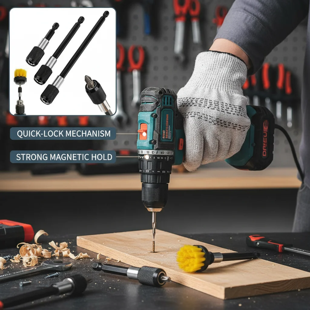 Adattatore a sgancio rapido esagonale da 6,35 mm con blocco automatico per trapano elettrico e cacciavite, asta di prolunga