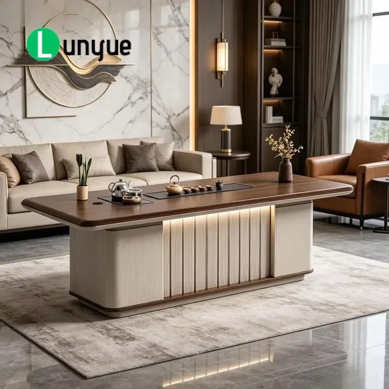 Custom Wooden Coffee Table with Tea Tray Kettle Lift Top Wireless Charging Box for Hotel Living Room Dining Furniture