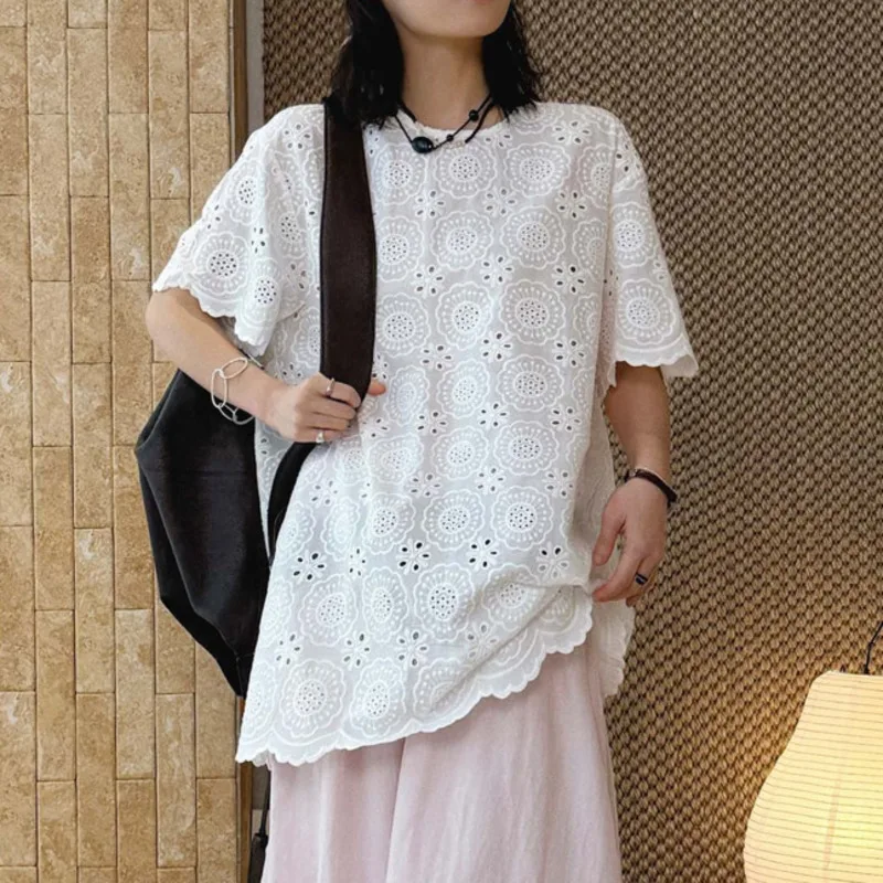 ANJY Summer New Women French Style Niche Design Three-Dimensional Floral Pattern T-shirt Stylish O-Neck Short Sleeve Tops A21464