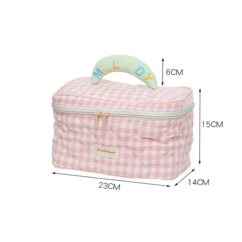 2022 Plaid Pattern Toiletries Case Flip Makeup Bag with Zipper Quilted Cotton Cosmetics Storage Box for Woman and Girls