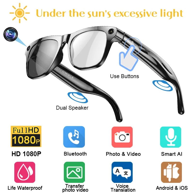 ﻿   Occhiali intelligenti 4K HD Telecamera AI GPT Cambia colore Chiamata Bluetooth Batteria 260Mah Assistente vocale Tradisci identificare oggetti 2025