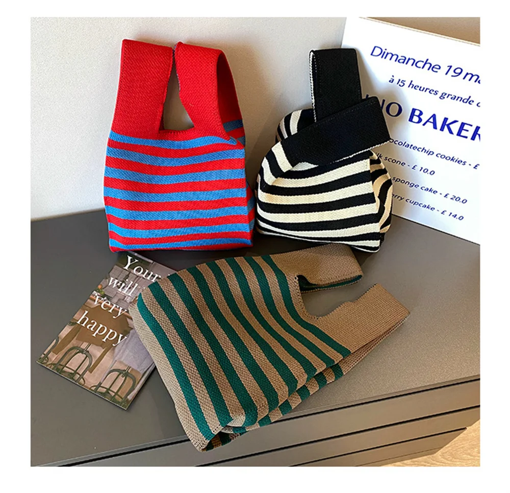 Striped Knitted Bag Handbag Retro Minimalist Korean Women Mini Knot Wrist Bag Tote Bag Ladies Shoulder Bag Reusable Shopping Bag