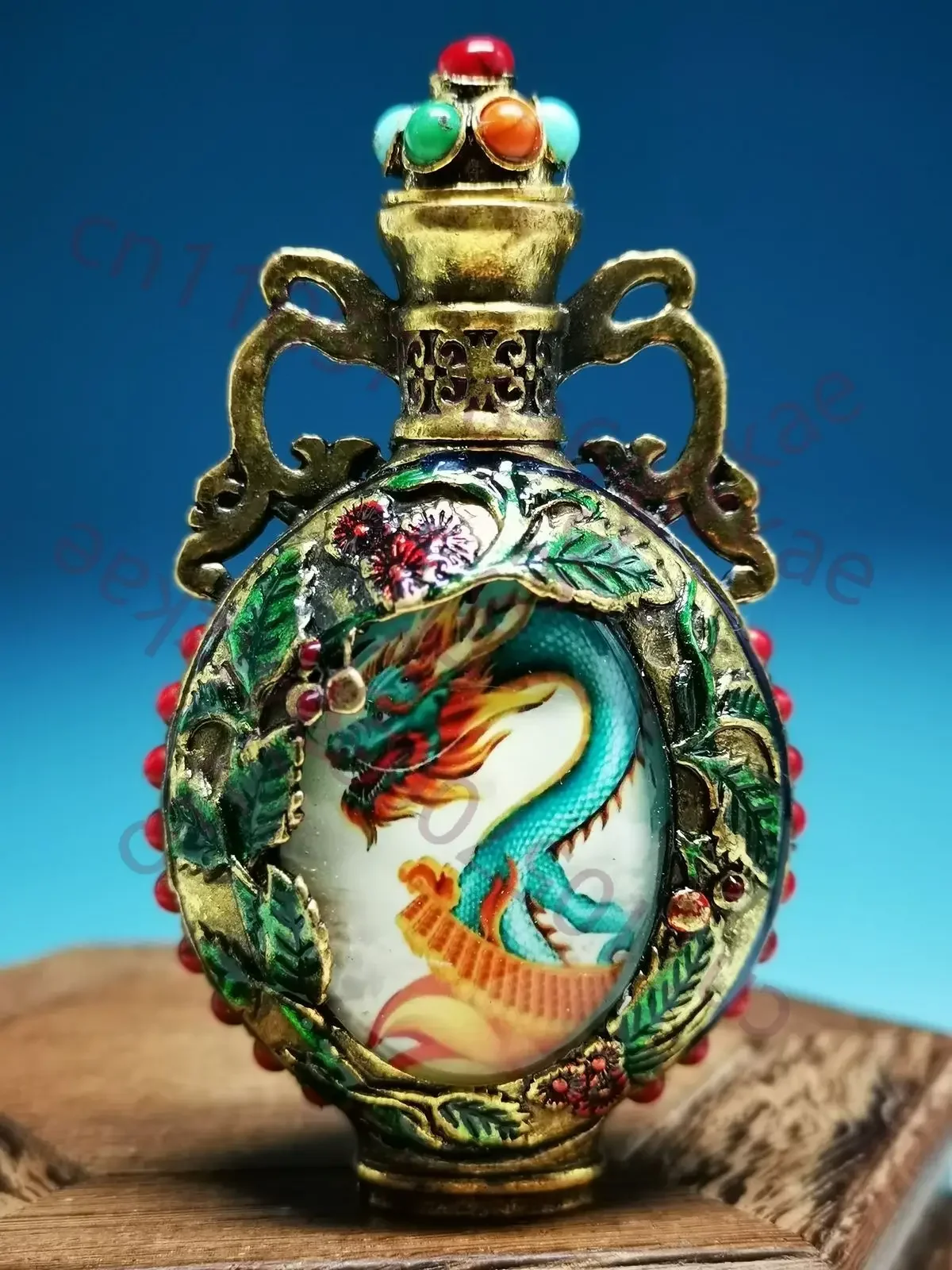 Perfect Copper Inlaid Turquoise Cloisonne Glaze Dragons Pearls Snuff Bottle