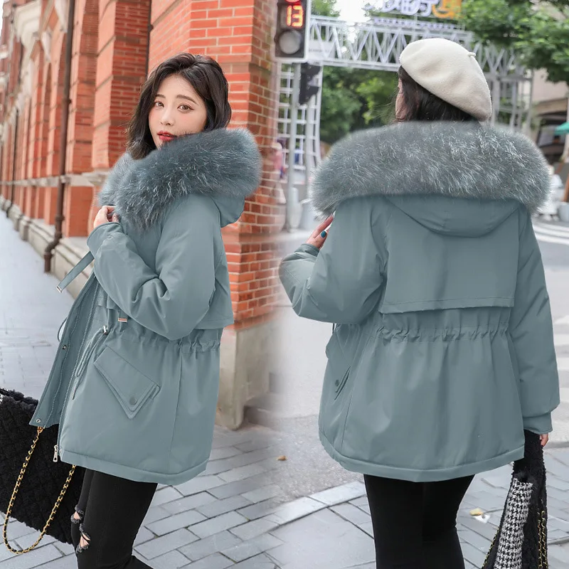 Hooded Women Parkas Coats Mid Lenth Oversize Jacket Solid Drawstring Waist Fur Collar Zipper Loose Elegant Casual 2025 Winter