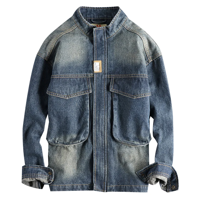 Spring and Autumn men casual retro loose nostalgia blue big pocket standing collar denim jacket zipper jacket