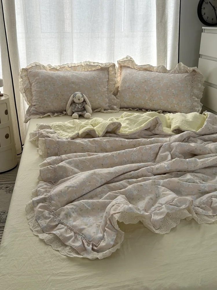 

Retro Korean Sle Summer Cool Cotton Quilt Set Four Pieces Waed Small Floral Lightweight Air Conditioner Cover Core