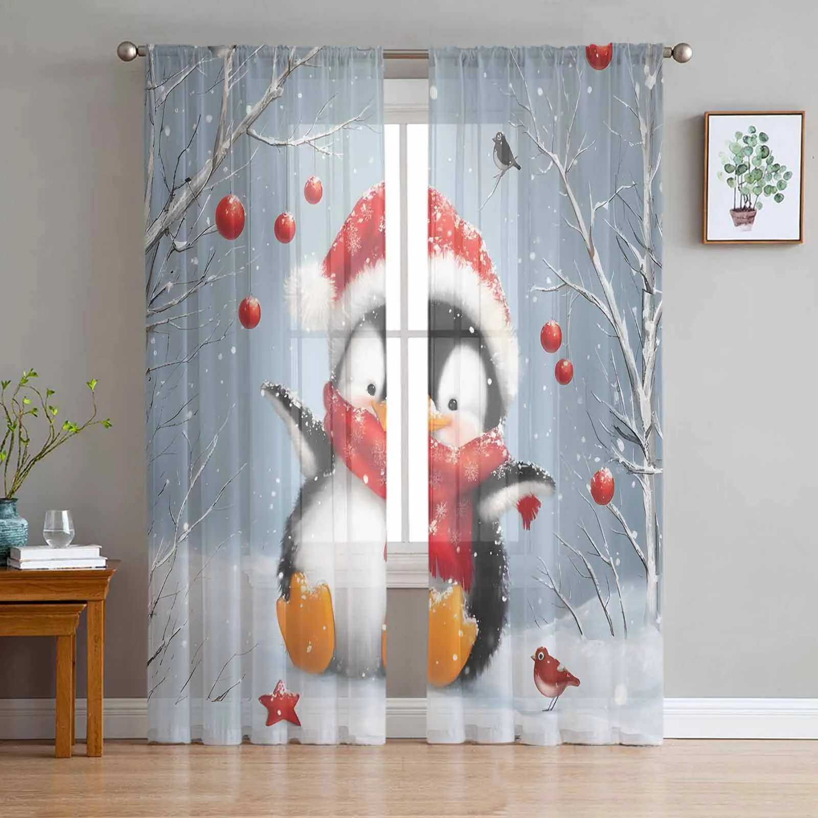 Christmas Lantern Bird Penguin Oil Painting Window Treatment Tulle Modern Sheer Curtains for Kitchen Living Room Curtains Decor