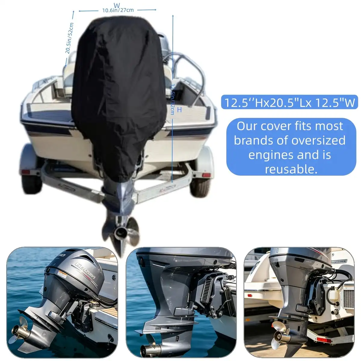 Black Outboard Motor Cover, Heavy‑Duty Waterproof UV‑Resistant Boat Engine Protector, Marine Grade Outboard Cowling Cover