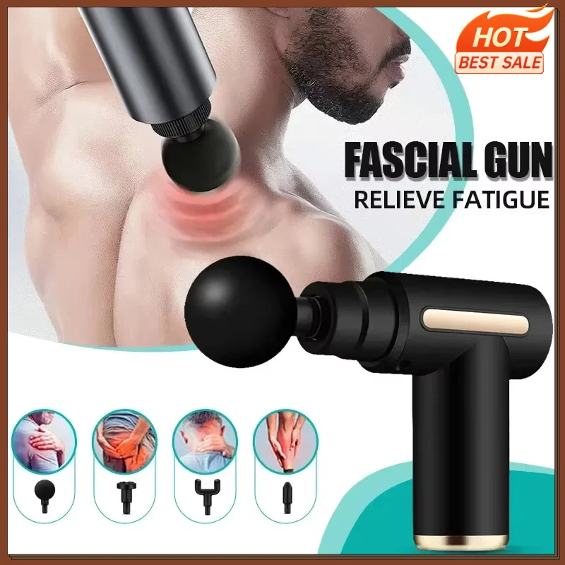Electric massage gun, 4-piece deep tissue percussion massage tool, relaxes muscles in body parts and relieves pain.