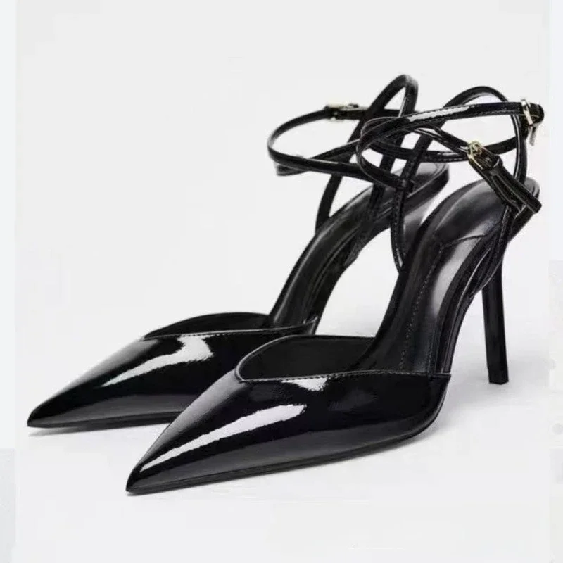 

Pointed Toe Patent Leather Party Women Pumps Sexy Ankle Strap Brand Plus Size Stilettos High Heels Luxury Dress Shoes for Lady