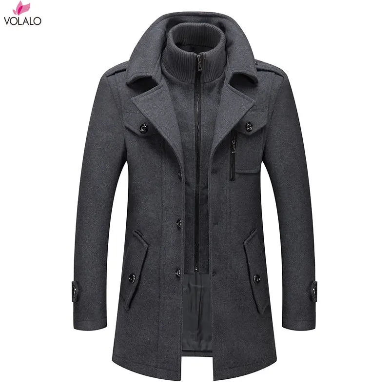 

VOLALO Fashion New Winter Wool Coat Men Double Collar Thick Jacket Single Breasted Trench Coat Men Fashion Wool Blends Overcoats