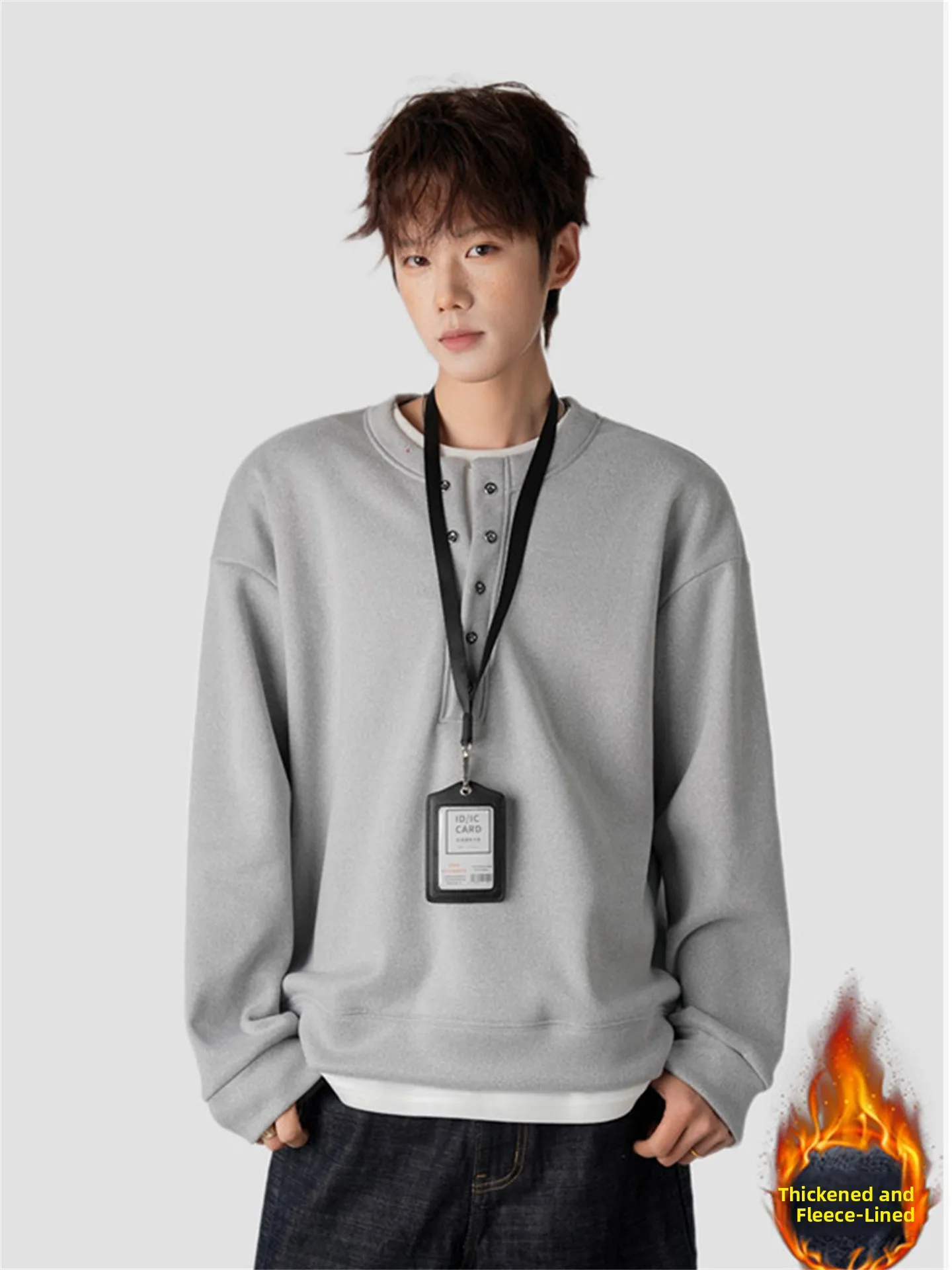 

Мужская толстовка с капюшоном и подкладкой из флиса, повседневная, с длинным рукавом, воротником хенли, осенне-зимняя, утепленная, в американском стиле, для подростков, имитация твила