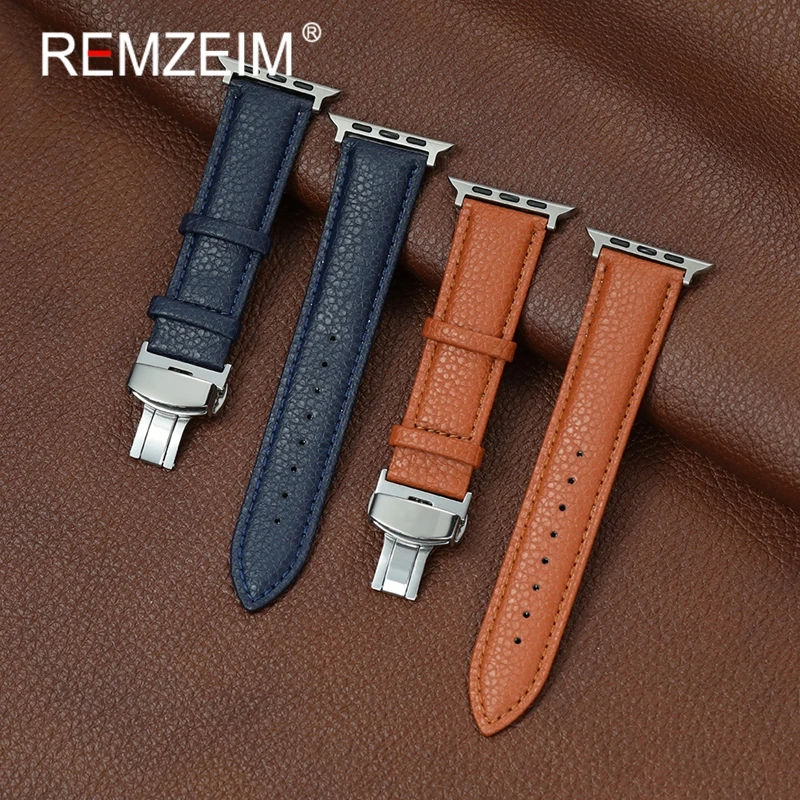 

Soft Watchband for Apple Watch 1-11 Ultra SE 3 2 Butterfly Clasp Strap for Iwatch 38/40/41/42/44/45/46/49mm Leather Wristband