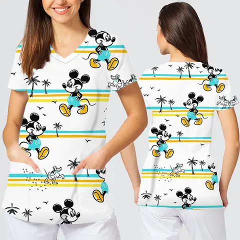 Nuevas camisetas de dibujos animados de Disney para mujer, ropa de mujer con cuello en V y bolsillo, camisetas de estilo Y2k para mujer, camisetas de manga corta de verano
