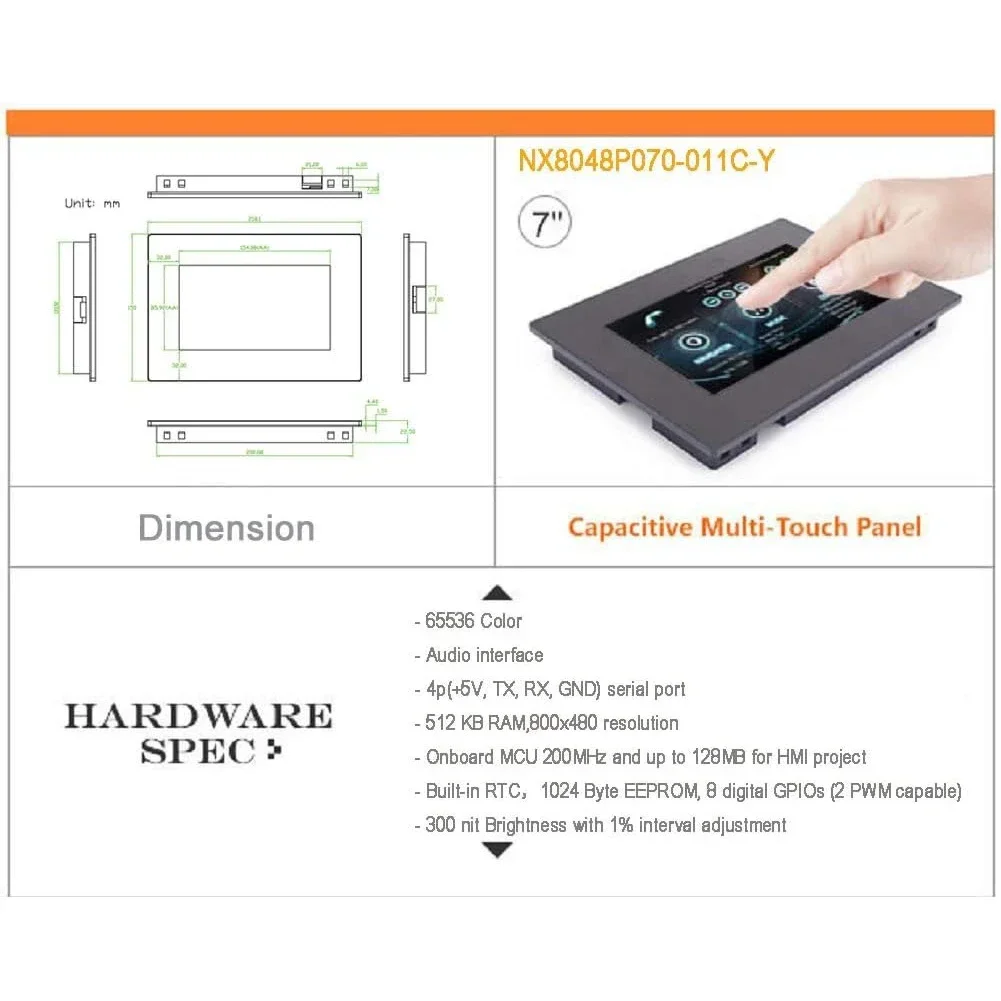Nextion NX8048P070-011C-Y 7" 800x480 Touch Capacitivo HMI TFT LCD 65K Colori 5V con Custodia RTC e GPIO per Arduino/Industriale