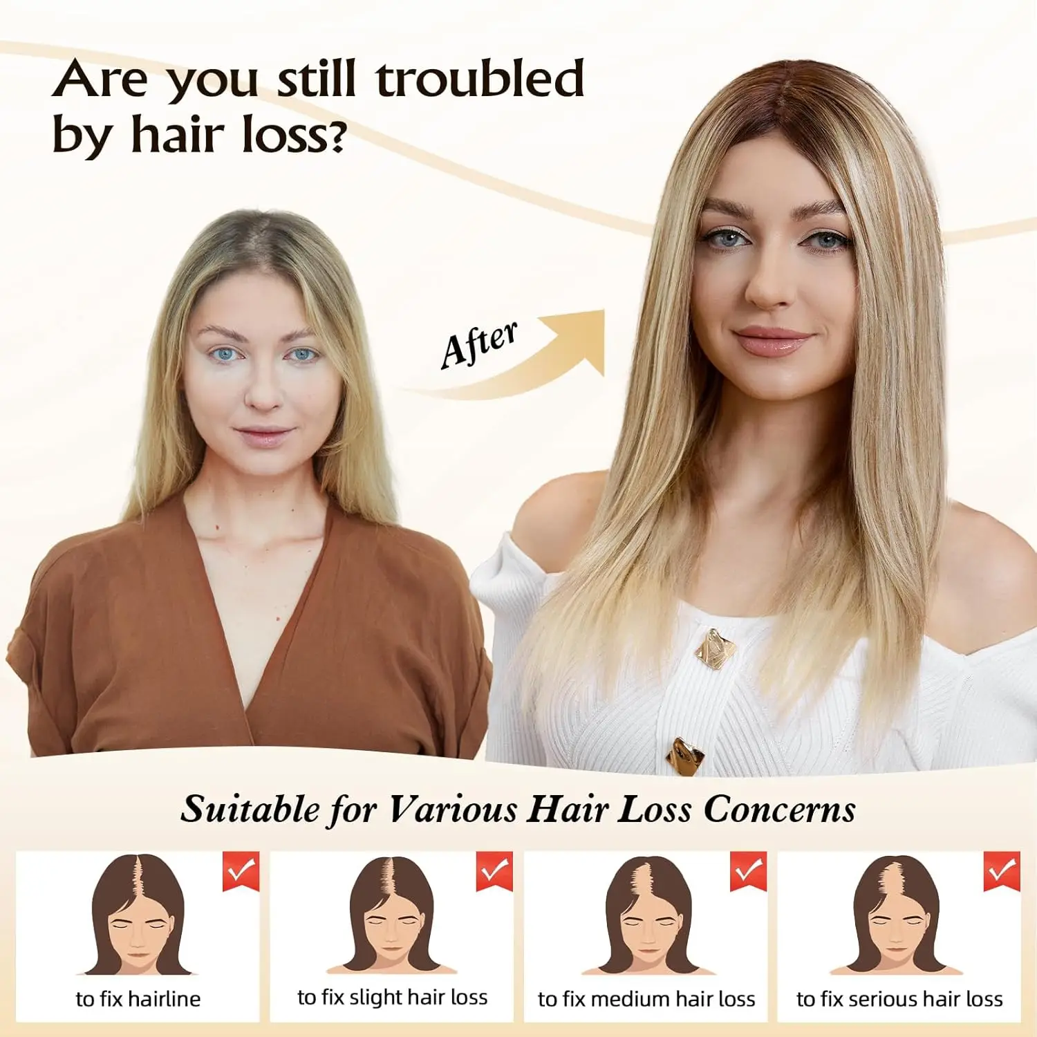 أومبير براون مختلط شعر بشري أشقر للنساء 9 "× 9" قاعدة مساحة كبيرة 16 بوصة قطع شعر مع مشابك متعددة غير قابلة للانزلاق #6