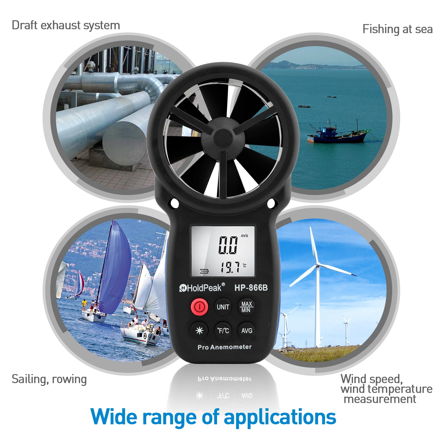 HoldPeak HP-866B Digital Anemometer Wind Speed Meter Measures Wind Speed Temperature HP-877 Handheld Wind Meter Test Humidity