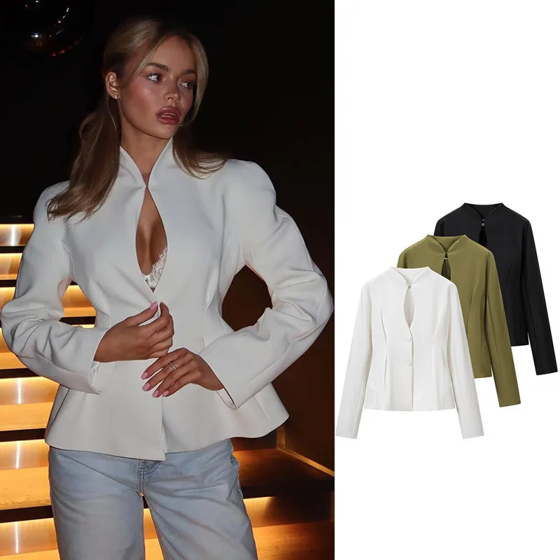 Women's Solid Color Hollow Out Blouse Long Sleeve Casual Single Breasted Waist Cinching Blazer Female Elegant Versatile Daily