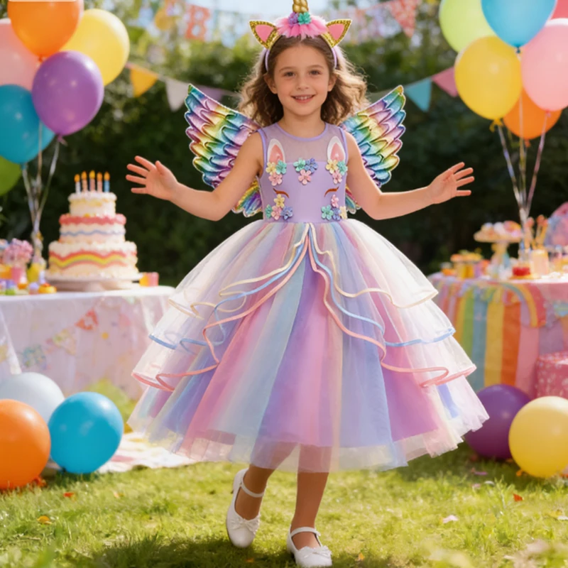 كرنفال ملون بنات يونيكورن فستان باستيل قوس قزح تول الأميرة فتاة فساتين حفلات أعياد ميلاد الطفل يونيكورن أداء الأزياء