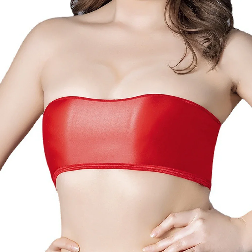 Top Women's Strapless Elastic Oily Gloss Underwear Tube Tops Solid Color Basic Stretch Bra Crop Top Tight Woman Female Clothing