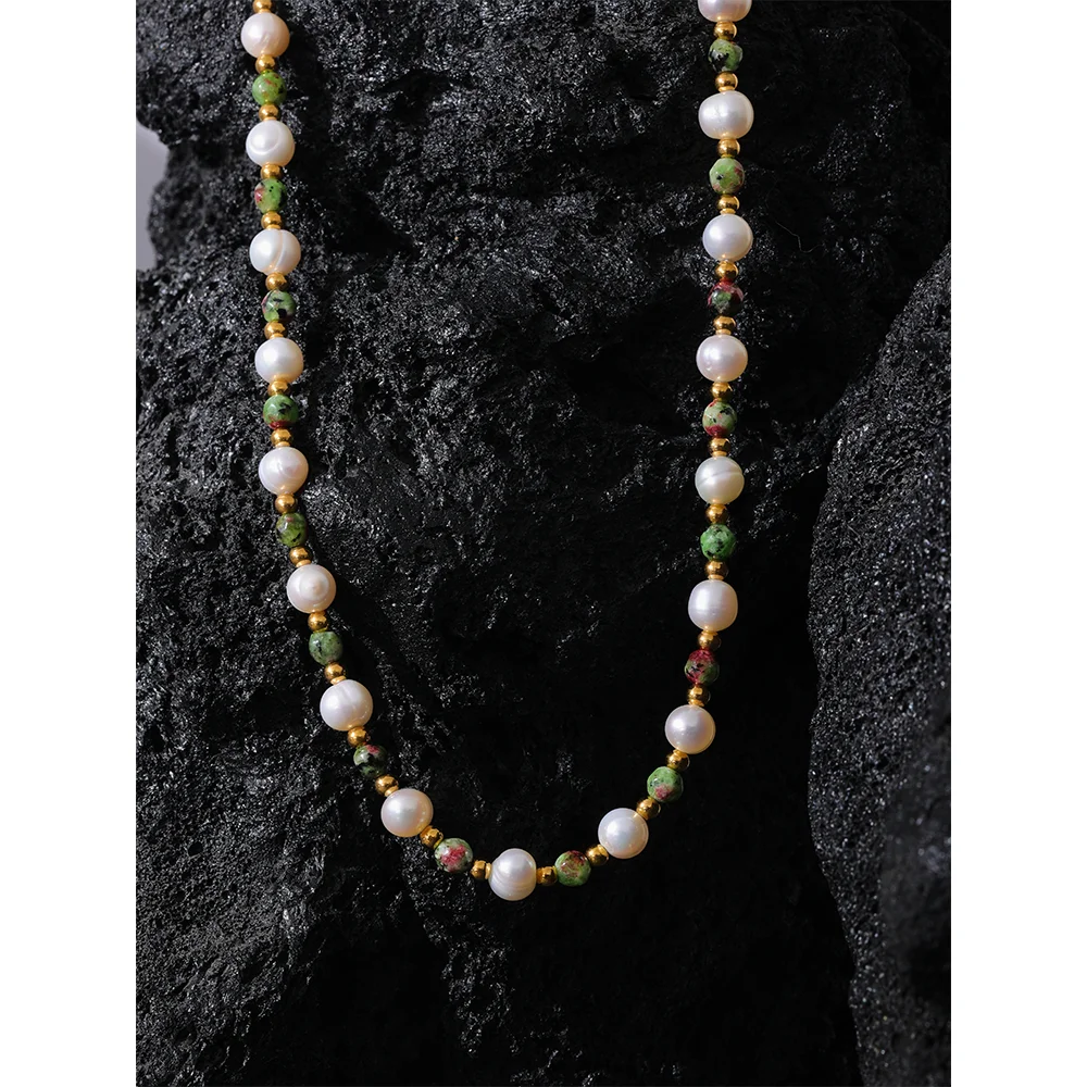 Yhpup Natural Epidote Stone Freshwater Pearls Handmade Stainless Steel Beads Collar Necklace Women\'s Charm Healing Jewelry Gift