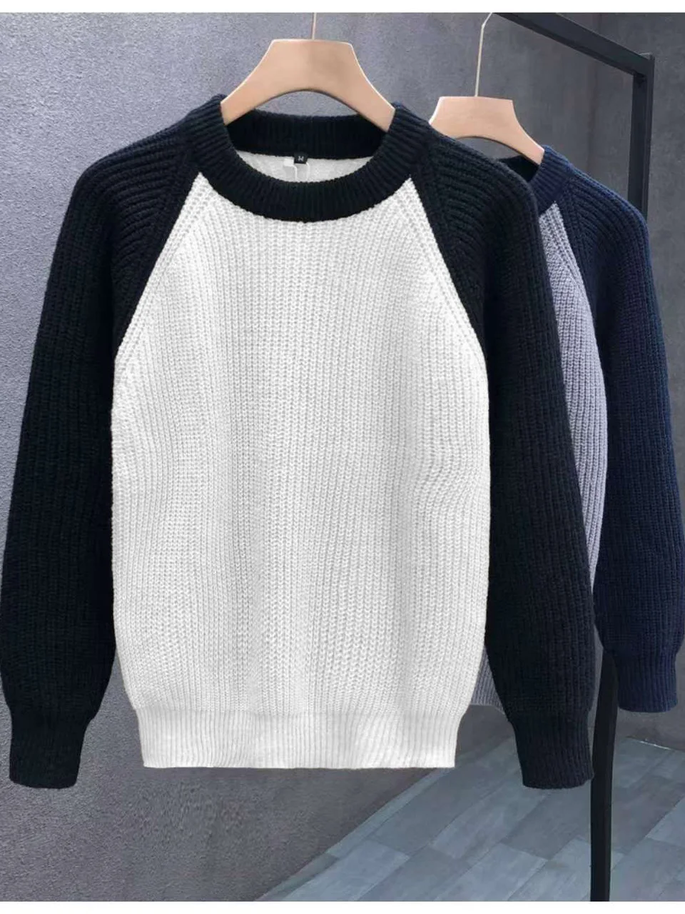 Suéter de Punto de Cuello Redondo Ajustado para Hombre, Otoño Invierno, Informal, Capa Base Juvenil, Color de Contraste, Marc...