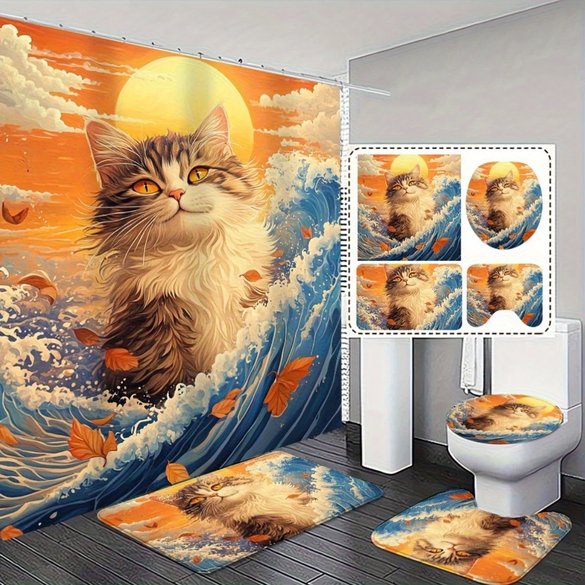 

4pcs. Cartoon Cute Fun Luxury Contemporary Art-Inspired Shower Curtain and Non-Slip Absorbent Bath Mat Set with Cat Design