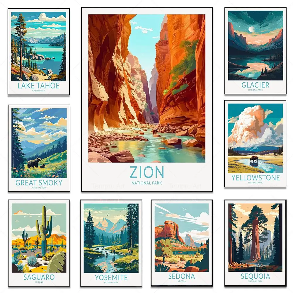 Travel City National Park Landscape Poster Zion Sequoia Lake Tahoe Great Smoky Wall Art Canvas Painting for Living Room Decor