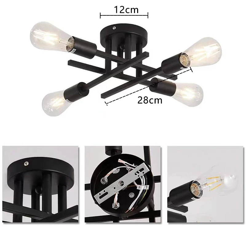 Retro Industrial Chandelier Black/Gold Wrought Iron LED Ceiling Lamp E27 Light Living Room Modern Decor Home Lighting Fixture