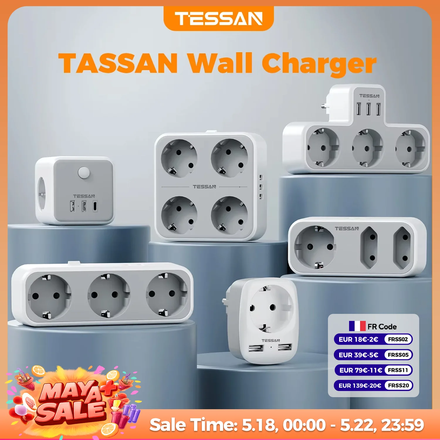 TESSAN prise ue multiprise avec prises secteur et Ports de chargement USB adaptateur de prise murale Multiple pour le bureau à domicile enchufe múltiple
