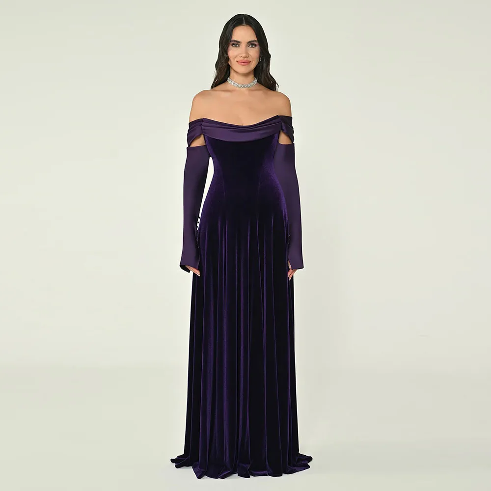 فساتين حفلة موسيقية مخملية مخصصة بدون أكتاف طول الأرض فساتين سهرة برقبة عارية 3/4 كم للنساء #1