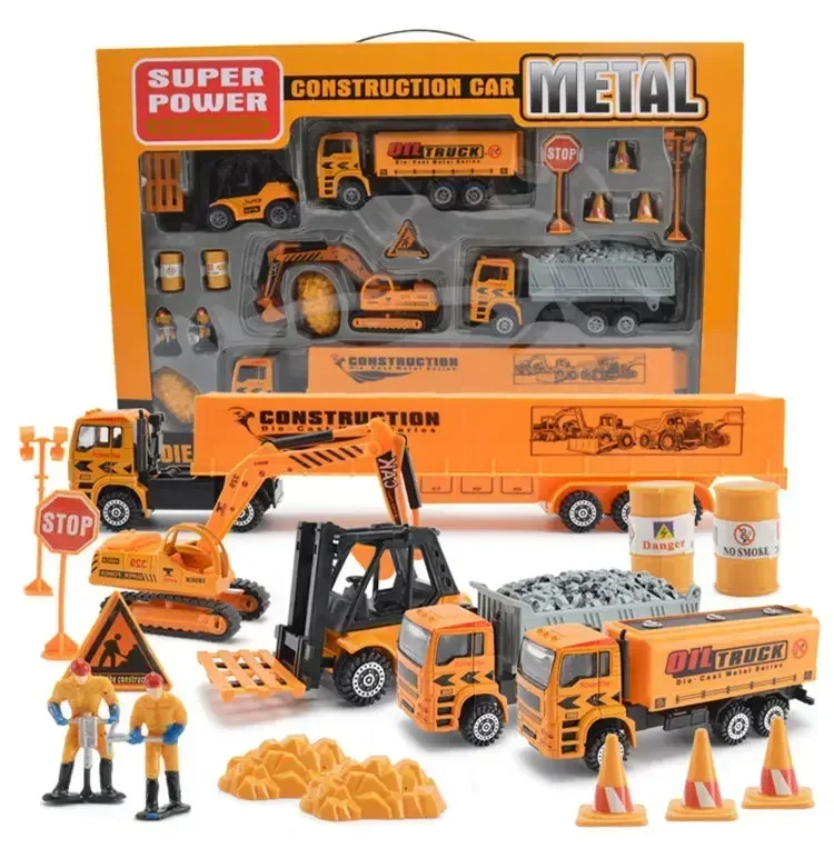 [Funny] Alloy Engineering Vehicles Model Toy metal excavator Sliding Vehicle construction cars model + engineer figure kids toy