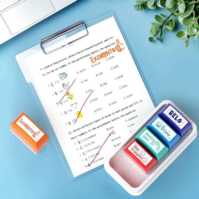 5/8Pcs Parent Signature Teacher Auto-Refilling Stamp Set Homework Teacher Supplies With Storage Tray Graded Classroom Stamps