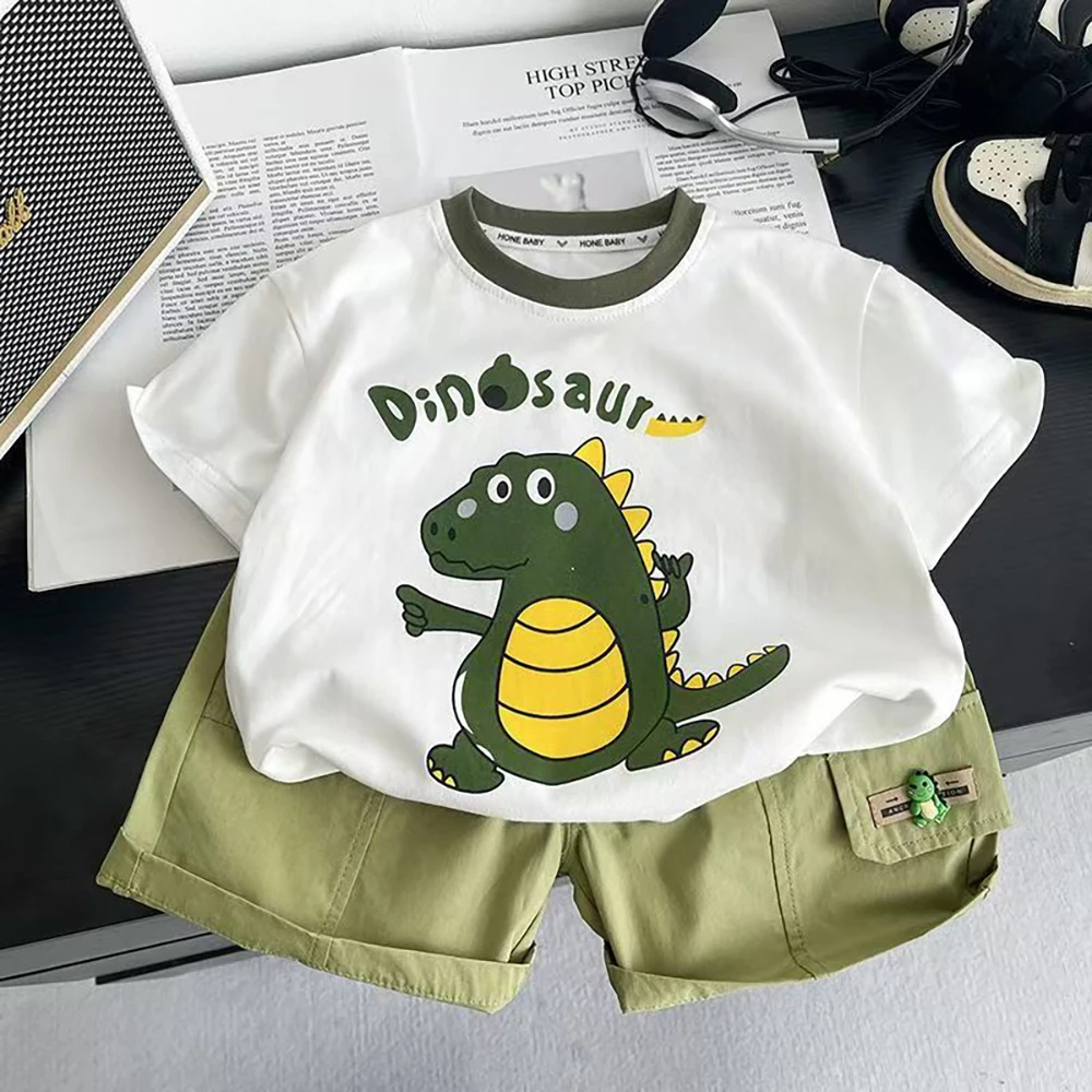 Summer Boys Clothes Sets Cute Dinosaur Print Kids T-shirt+Loose Shorts 2Pcs 2026 Casual Loose Children Thin T-shirt Outfit Suit