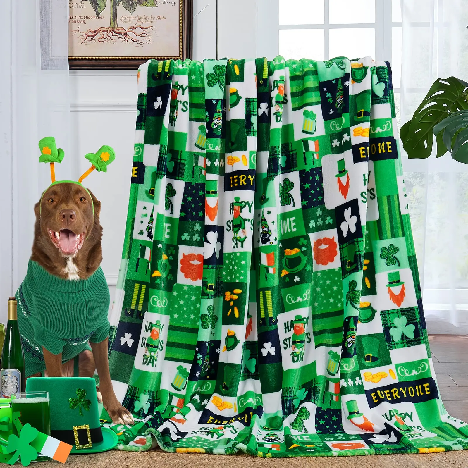 St Patricks Day Throw Blanket,Clovers and Shamrocks Design Soft Flannel Blanket,Green Gnome Leaf Saints Blankets, Bed Sofa Quilt